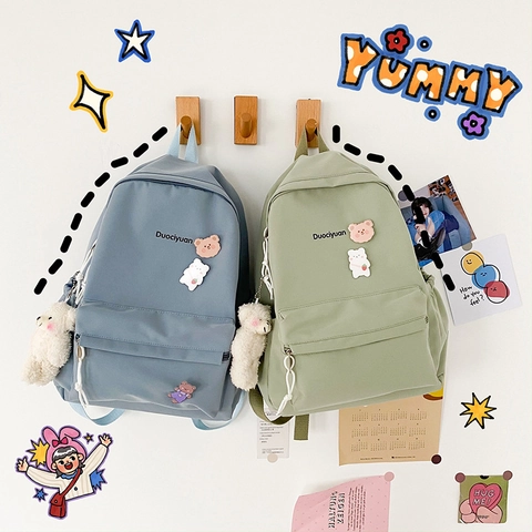 Zaino Scolastico Kawaii Carino Per Studenti Impermeabile In Nylon Con Ciondolo A Forma Di Orsetto E Spille Stile Giapponese