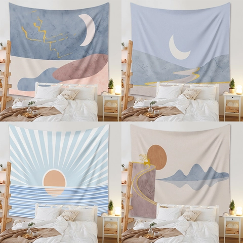 Arazzo Da Parete Paesaggio Astratto Tessuto Poliestere Colore Morandi Sole Luna Stile Nordico Moderno Decorazione Casa