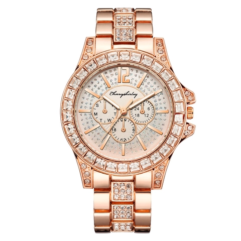 Women Luxury Quartz Watch Rhinestone Starry Sky Dial Alloy Analog Wristwatch Fashion Triple Subdials Dress Watch Ladies