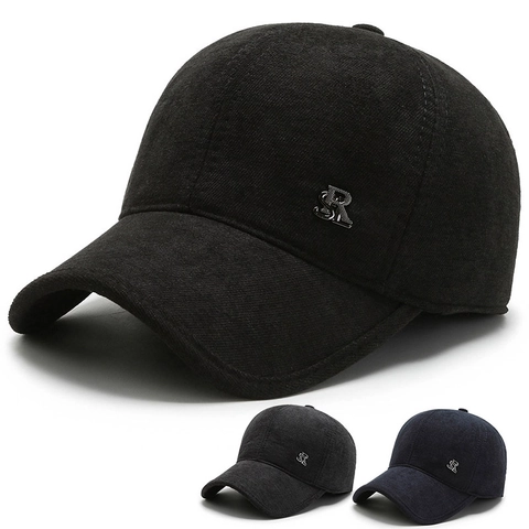 Men Winter Baseball Cap Warm Woolen Fabric Windproof Outdoor Ear Flaps Adjustable Metal Logo Classic Solid Color
