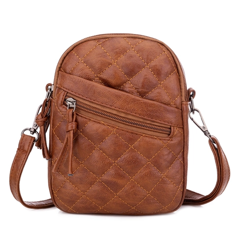 Quilted Diamond Lattice Women Crossbody Bag Soft PU Leather Multi Layer Shoulder Purse With Headphone Jack Adjustable Strap
