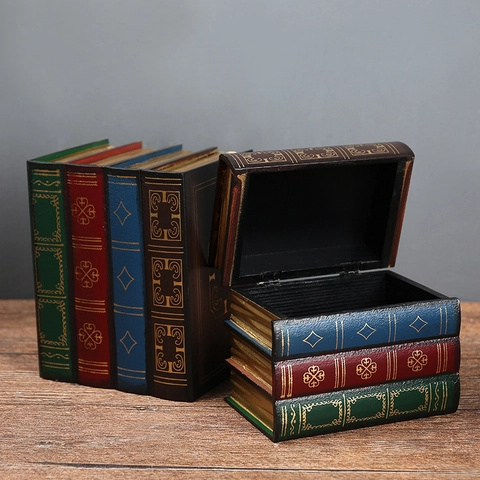 Vintage Faux Book Storage Box Wooden Decorative Hidden Jewelry Case European Retro Ornament For Home Office Study Decor