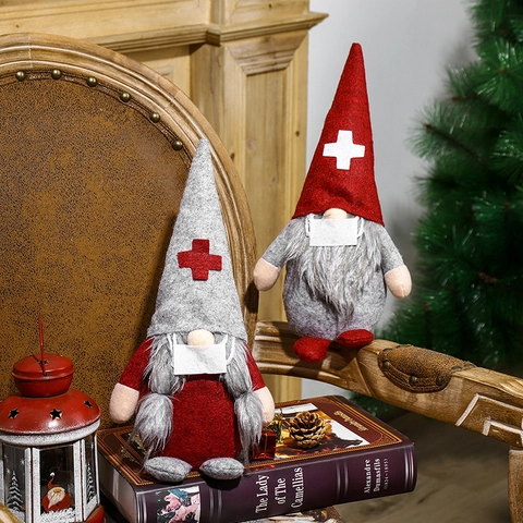 Bambola Gnomo Di Natale Tema Dottore Infermiera Statuina In Peluche Senza Volto Con Mascherina E Segno Della Croce
