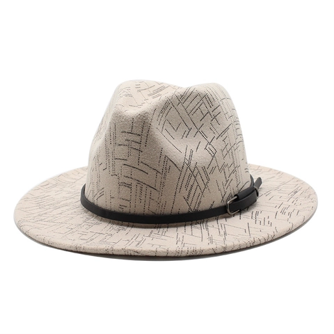 Classic Wool Fedora Hat For Men Women Wide Flat Brim Felt Jazz Cap With Leather Belt Buckle Geometric Line Print Hat