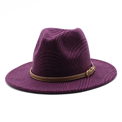 Plaid Wool Blend Fedora Hat British Vintage Wide Brim Jazz Cap With Leather Belt Buckle For Men Women