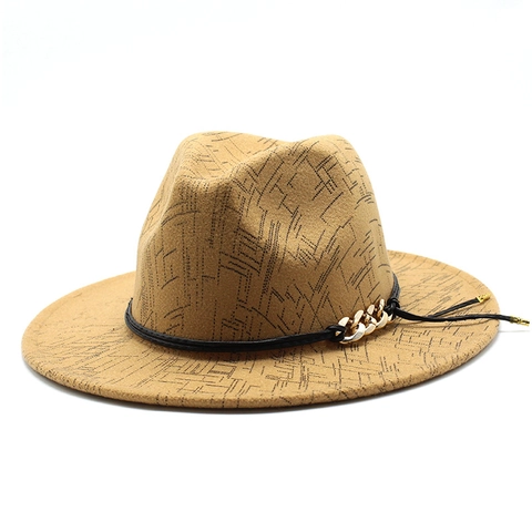 Chapeau Fedora en Laine Vintage pour Femmes Hommes Large Bord Chapeau Jazz Avec Chaîne Dorée Bande Décorative Noire Motif Géométrique