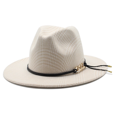 Wide Brim Fedora Hut Wollmischung Hahnentrittmuster Goldkette Lederband Retro Jazz Hut Für Herren Damen