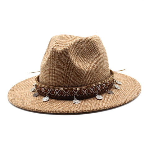 Bohemian Wool Blend Fedora Hat Wide Brim Plaid With Ethnic Woven Band Metal Coin Pendants Retro Style Men Women