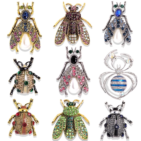 Insect Brooches Alloy With Rhinestone Faux Artificial Pearl Crystal Beetle Bee Spider Vintage Decorative Pins For Coat Suit
