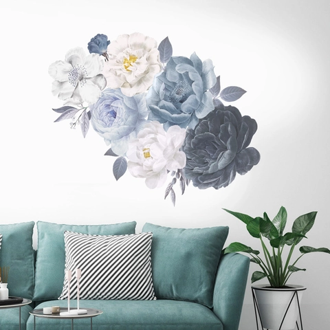 Elegante Blau Weiße Pfingstrose Blumen Wandaufkleber PVC Selbstklebend Abnehmbare Aquarell Florale Wandtattoos Wohnzimmer