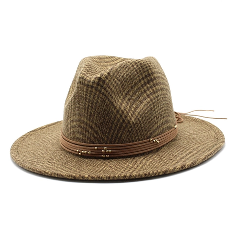 Britischer Retro Fedora Hut Wolle Polyester Hahnentrittmuster Breite Krempe Mit Lederkordeln Goldperlen Jazz Stil Unisex