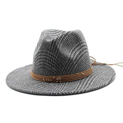 Britischer Retro Fedora Hut Wolle Polyester Hahnentrittmuster Breite Krempe Mit Lederkordeln Goldperlen Jazz Stil Unisex