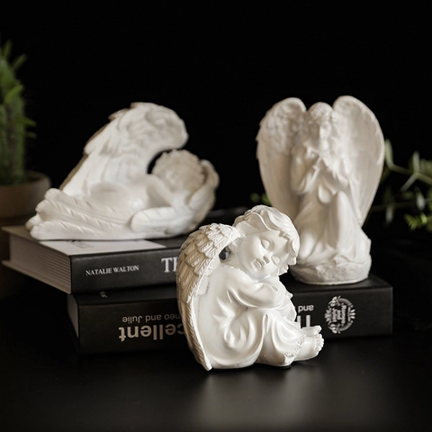 European Angel Statue Figurine Synthetic Resin Praying Sleeping Cherub Sculpture Home Decor Desktop Gift White Gold