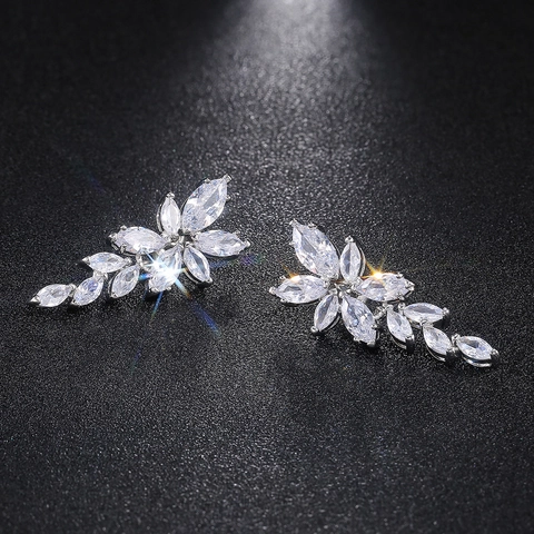 Marquise Cut Cubic Zirconia Brass Dangle Drop Earrings Leaf Flower Cluster Elegant Bridal Wedding Party Luxury Women