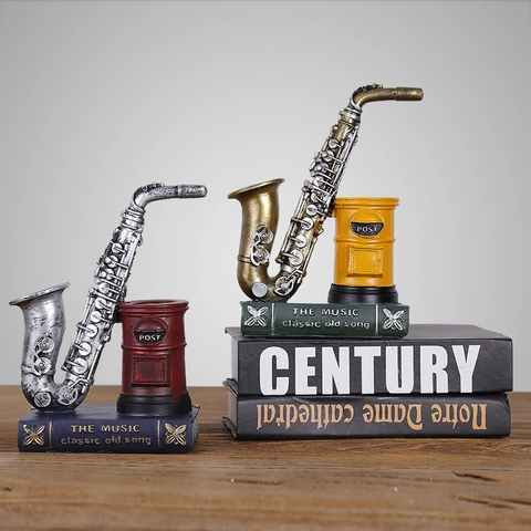 Retro Resin Musical Instrument Pen Holder Saxophone Violin Shape Desktop Ornament Storage Nostalgic Gift Home Office Decor