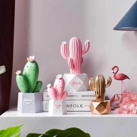 Statuetta Cactus In Resina Nordica Pianta Artificiale Ornamento Da Tavolo Vaso Geometrico Dipinto A Mano Arredamento Moderno