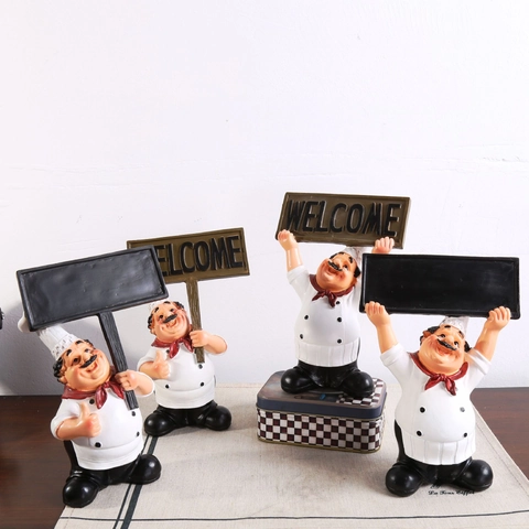 Resin Chef Figurine Welcome Sign Blackboard Message Board Desktop Ornament Restaurant Kitchen Cafe Decor Nordic Style