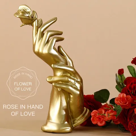 Escultura De Mano Con Rosa Figura Artística Resina Nórdica Oro Piedra Decoración Hogar Escritorio Estatua Lujo Ornamento