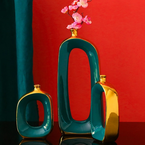 Modernes Nordisches Keramik Vase Gold Galvanisiert Hohl Oval Schreibtisch Wohndekor Ornament Luxus Grün
