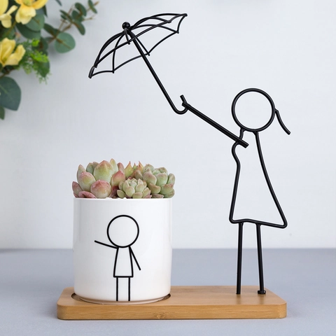 Nordic Minimalist Abstract Figure Succulent Planters Ceramic Flower Pots With Iron Art Framework And Bamboo Base Home Decor
