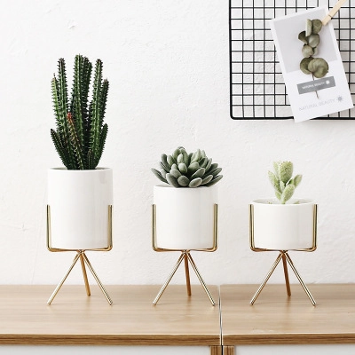 Artificial Succulent Plant Ceramic Flower Pot With Iron Metal Tripod Stand Nordic Minimalist Desktop Home Office Decor