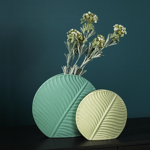 Ceramic Vase Leaf Shape Modern Minimalist Decorative Flower Pot With Embossed Vein Texture For Home Living Room Desktop