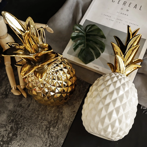 Geometric Pineapple Ceramic Decor Electroplated Golden Leaves Nordic Minimalist Tabletop Ornament Modern Home Aesthetic