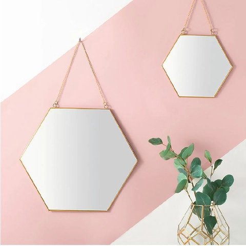 Wall Mirror Brass Metal Frame Geometric Hexagon Round Hanging Chain Nordic Minimalist Bathroom Vanity Entryway Home Decor