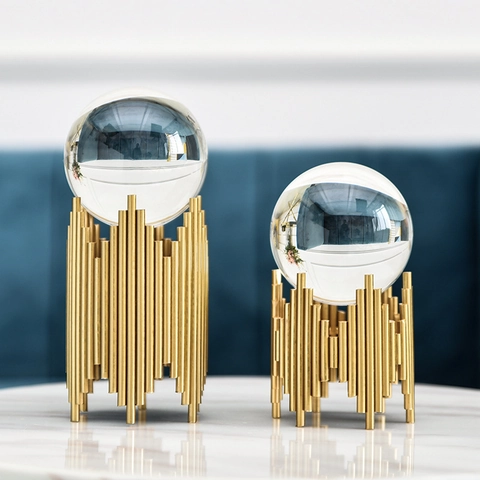 Ornements De Boule De Cristal De Style Nordique Moderne Avec Base En Métal Géométrique Doré Pour Décor De Table De Salon
