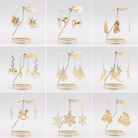 Metal Rotary Candle Holder Gold Carousel Spinning Tea Light Stand Desktop Ornament Gift Reindeer Snowflake Unicorn