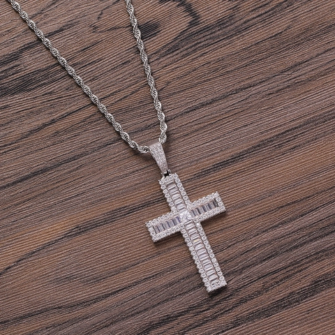 Hip Hop Kreuz Anhänger Halskette Gold Vergoldetes Kupfer Mit Zirkon Edelstahl Seilkette Iced Out Schmuck