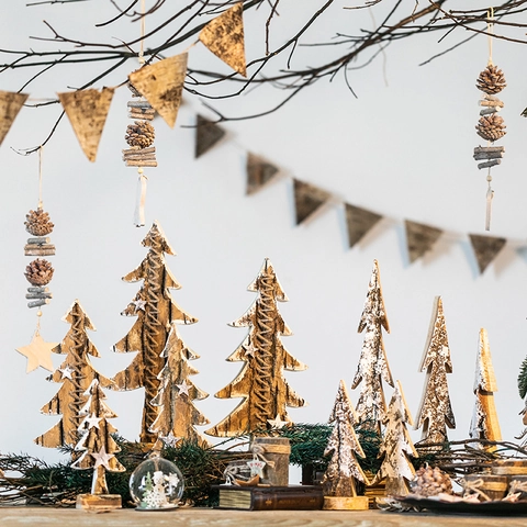 Árbol De Navidad De Madera Corteza De Abedul Natural Estilo Rústico Nórdico Decoración De Mesa Pintada De Nieve Festiva