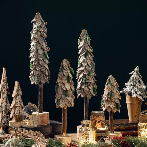 Adorno De Árbol De Navidad En Miniatura De Corteza De Abedul Natural Con Agujas De Pino Para Mesa Estilo Rústico Americano