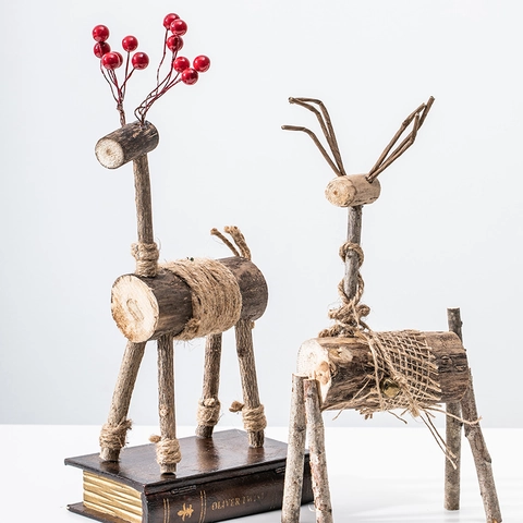 Ornements De Renne De Noël En Bois Naturel Fait À La Main Élan Décoration De Table Baie Rouge Style Forêt