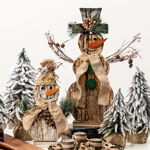 Adorno De Muñeco De Nieve De Navidad Rústico Hecho A Mano De Madera Corteza Natural Y Lino Decoración De Escritorio
