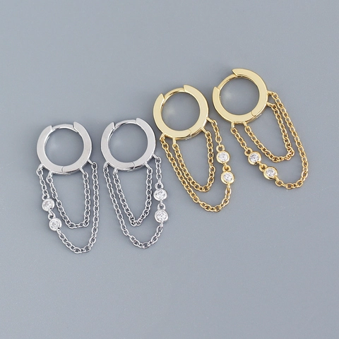 Pendientes Huggie Hoop Plata De Ley 925 Cadena Con Borla Colgante Rhinestone Joyería Minimalista Geométrica Mujer