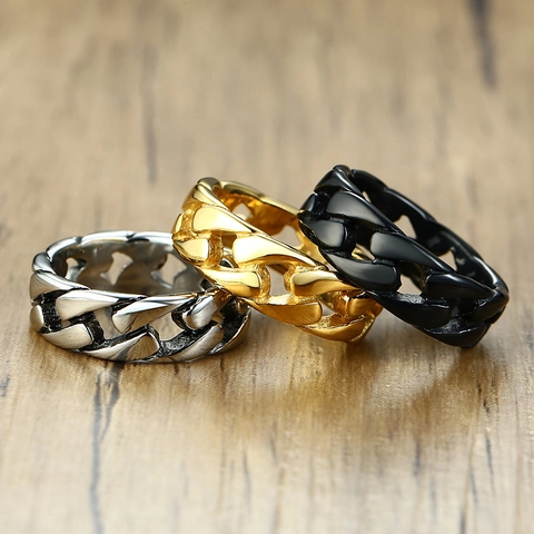 Men's Vintage Titanium Steel Cuban Link Ring Biker Punk Band Ring Gold Black Silver Polished Fashion Jewelry Accessory