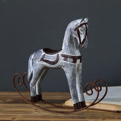 Rocking Horse Wooden Ornament Metal Base Vintage Distressed Nordic Animal Figurine Desktop Decor Home Office