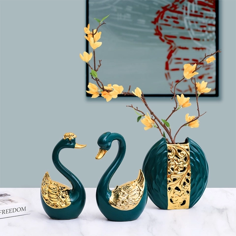 Modern Luxury Ceramic Swan Vase Ornaments Nordic Style Emerald Green Gold Decorative Figurines Home Entrance Decor