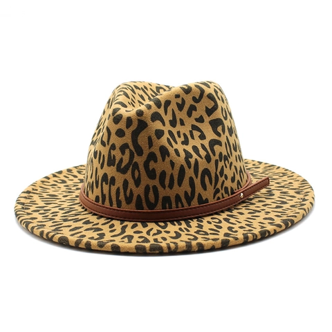 Leopard Print Fedora Hut Breite Flache Krempe Wollfilz Jazz Kappe Mit Lederband Retro Western Unisex Herbst Winter