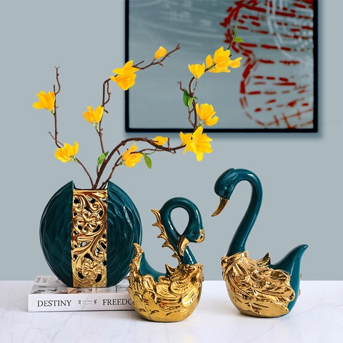 Modern Luxury Ceramic Swan Deer Figurines And Decorative Vase Ornament For Living Room Desktop Decor Gold Electroplated