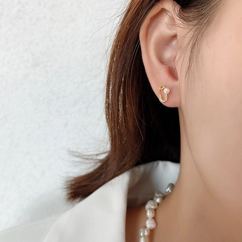 Sicherheitsnadel Stecker Ohrringe Mit Künstliche Perle Und Zirkon 925 Sterling Silber Ohrstift 18K Vergoldet Für Damen