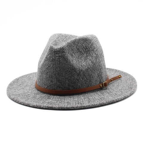 Wool Fedora Hat Wide Flat Brim Geometric Pattern Retro Jazz Hat With Leather Buckle Strap For Men Women