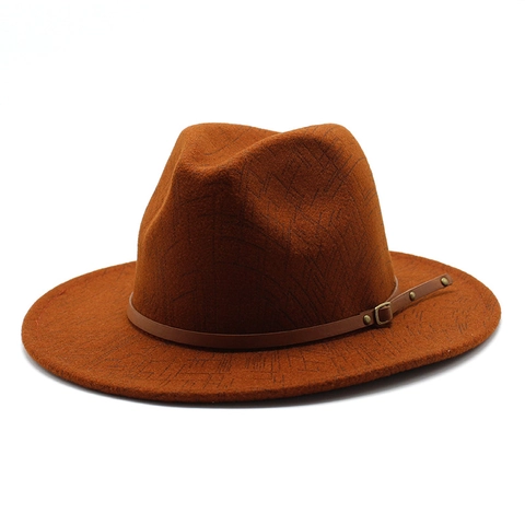 Wool Fedora Hat Wide Flat Brim Geometric Pattern Retro Jazz Hat With Leather Buckle Strap For Men Women