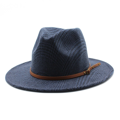 Vintage Plaid Fedora Hat Wool Blend Wide Flat Brim Jazz Cap With Leather Band Metal Buckle For Men Women Retro Style