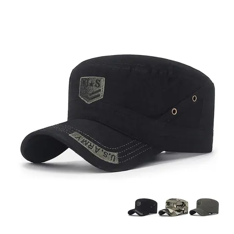 Men Cadet Cap Cotton Flat Top Military Hat Adjustable Embroidered Camouflage Outdoor Sunshade Tactical Style Breathable