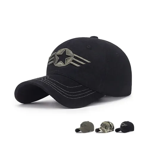 Vintage Military Style Baseball Cap Cotton Five Star Wing Embroidery Tactical Outdoor Sun Hat For Men Adjustable