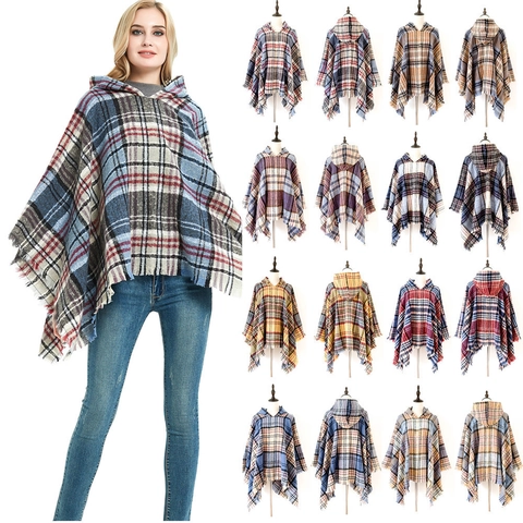 Dames Poncho Met Capuchon Geruit Sjaal Met Franjes Polyester Warm Retro Kaap Wrap Streetwear Winter Herfst Elegant