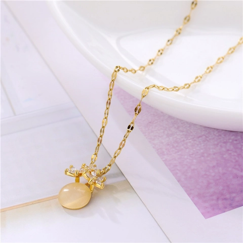 Flower Pendant Necklace Cat Eye Stone Titanium Steel 18K Gold Plated Zircon Elegant Fashion Jewelry For Women