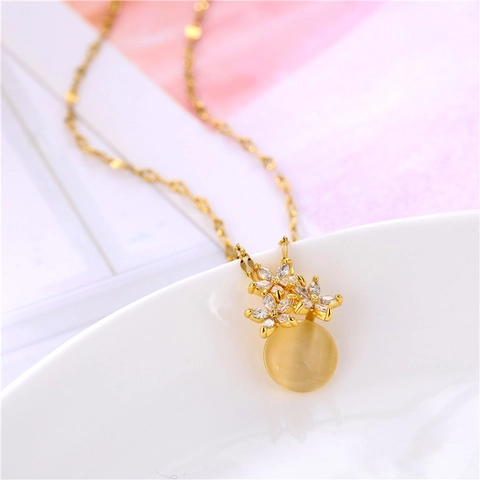 Flower Pendant Necklace Cat Eye Stone Titanium Steel 18K Gold Plated Zircon Elegant Fashion Jewelry For Women